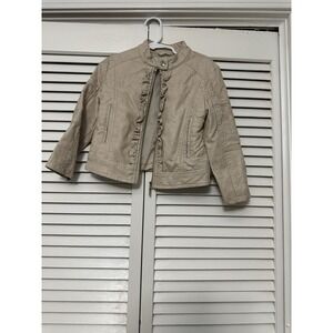 Mayoral Girls Cream Off White Faux Leather‎ Moto Zip Jacket Ruffles Size 3T